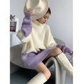Women Turtleneck Sweater Thickened Purple Gentle Temperament Sweater Loose Long Pullover Winter Color Contrast Knitting