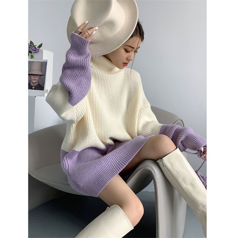 Women Turtleneck Sweater Thickened Purple Gentle Temperament Sweater Loose Long Pullover Winter Color Contrast Knitting