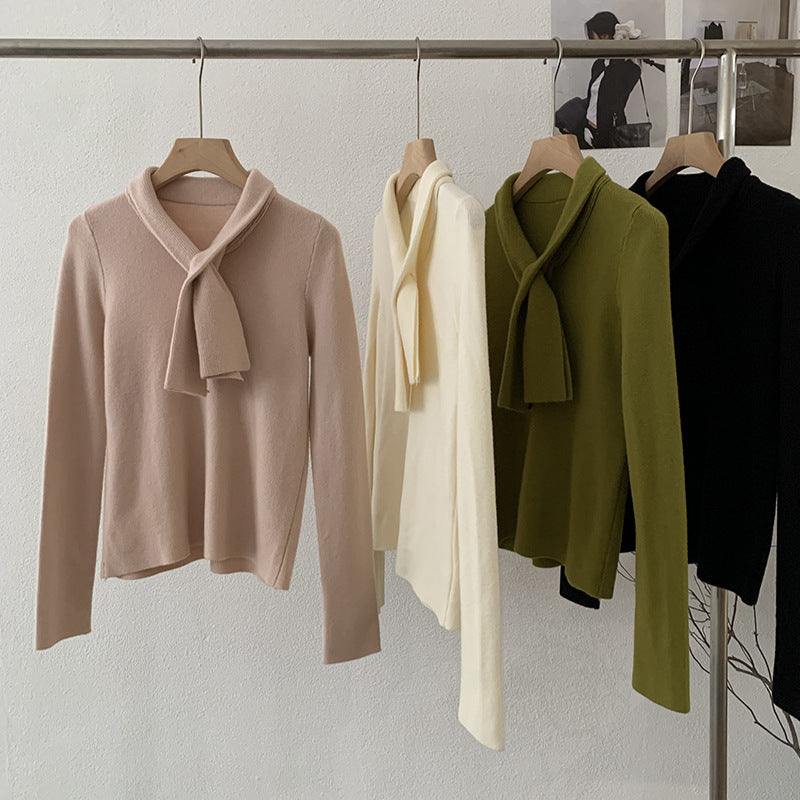 Chic Cross-Neck Tie V-Neck Knit Sweater for Women Long Sleeve Innerwear Autumn Winter Fashion Top