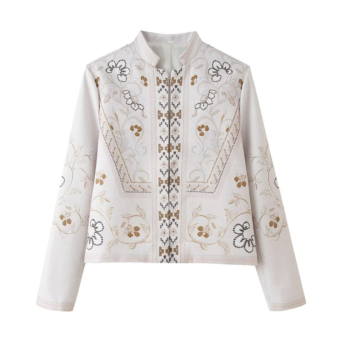 Printed long sleeved stand up collar jacket
