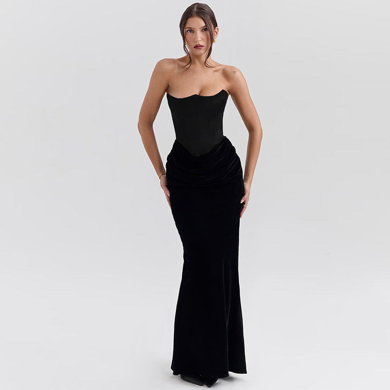 Velvet patchwork waistband strapless dress for women