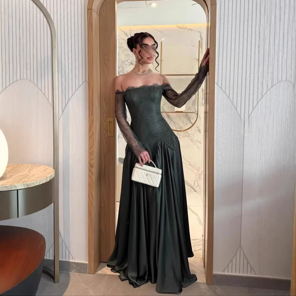 Strapless Evening Dress for Women Long Sleeve Lace Spliced Satin, Fitted Waist, Green Clothing
