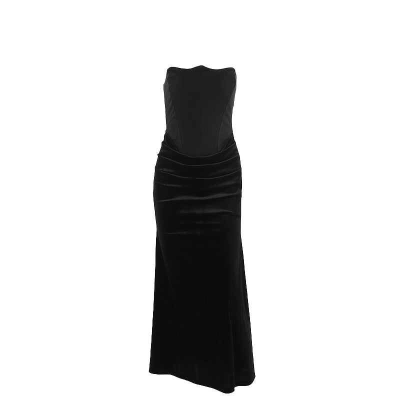 Velvet patchwork waistband strapless dress for women