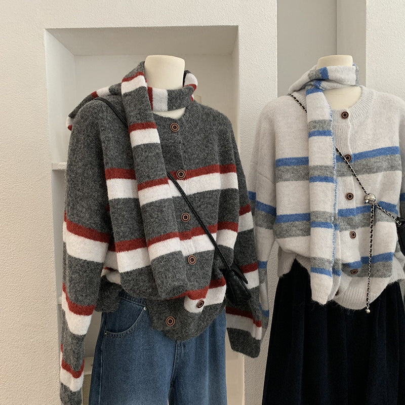 Stripe Scarf Two-Piece Knit Cardigan for Women Winter Loose Soft Versatile Sweater Coat