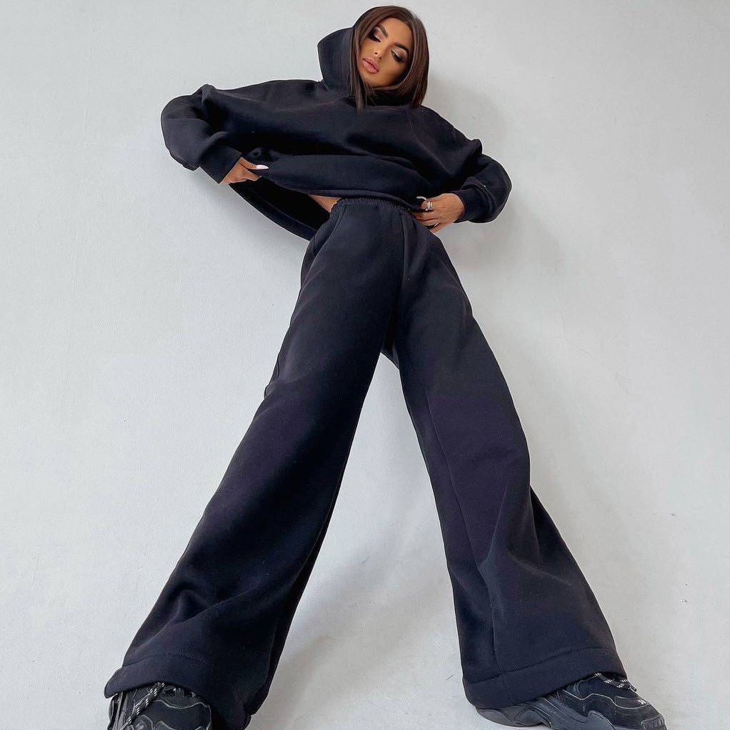 Hooded Pocket Sweatshirt Two-Piece Set for Women