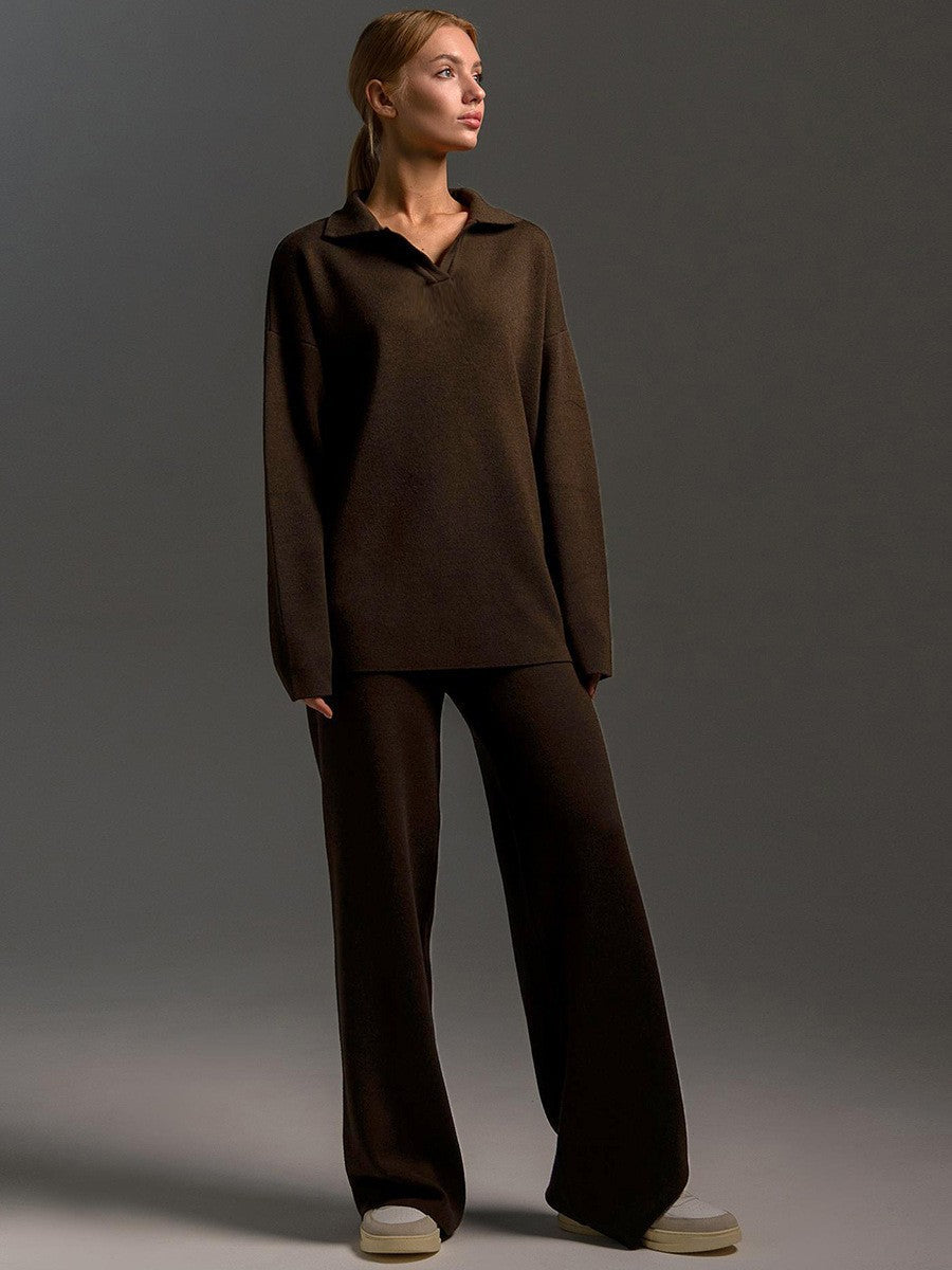 Winter Solid Color Turtleneck Wide Leg Pants Two-Piece Set for Women