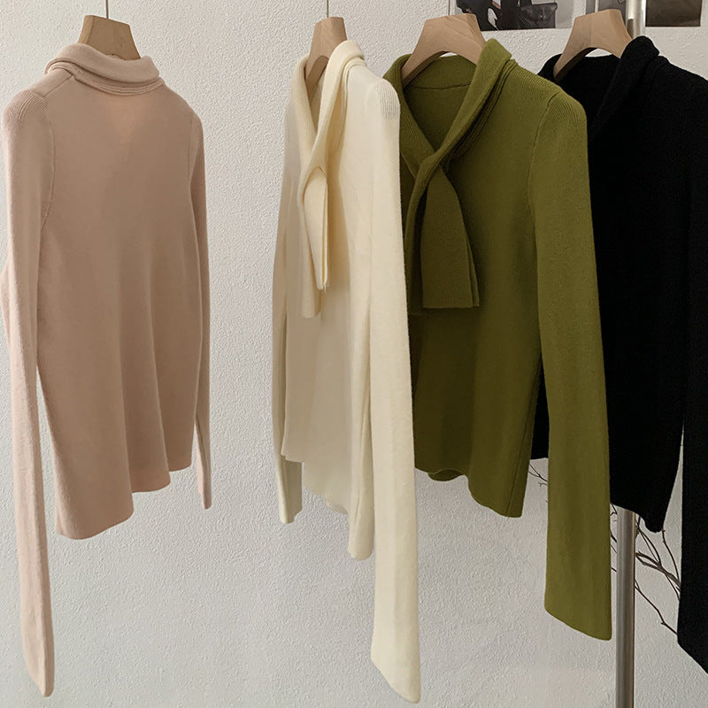 Chic Cross-Neck Tie V-Neck Knit Sweater for Women Long Sleeve Innerwear Autumn Winter Fashion Top