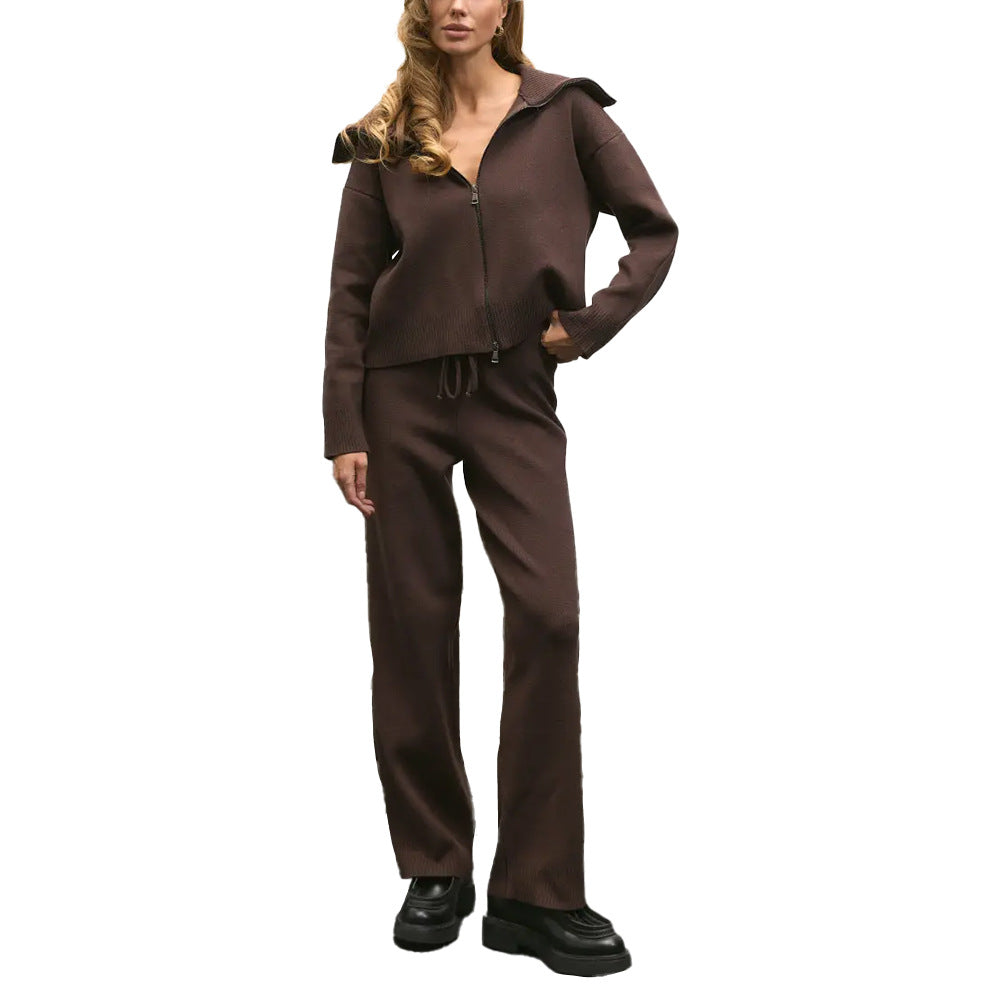 Collar Zipper Knitted Coat Pants Sweater Set