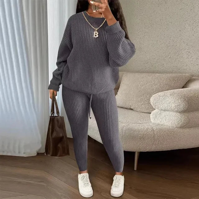 Winter Two-Piece Sets Women's Clothing Autumn Fashion Casual Solid Round Neck Pullover Loose Ribbed Knitted Sweater and Pants Suit