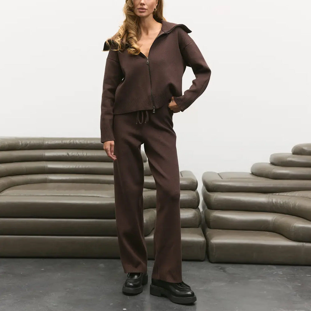 Collar Zipper Knitted Coat Pants Sweater Set