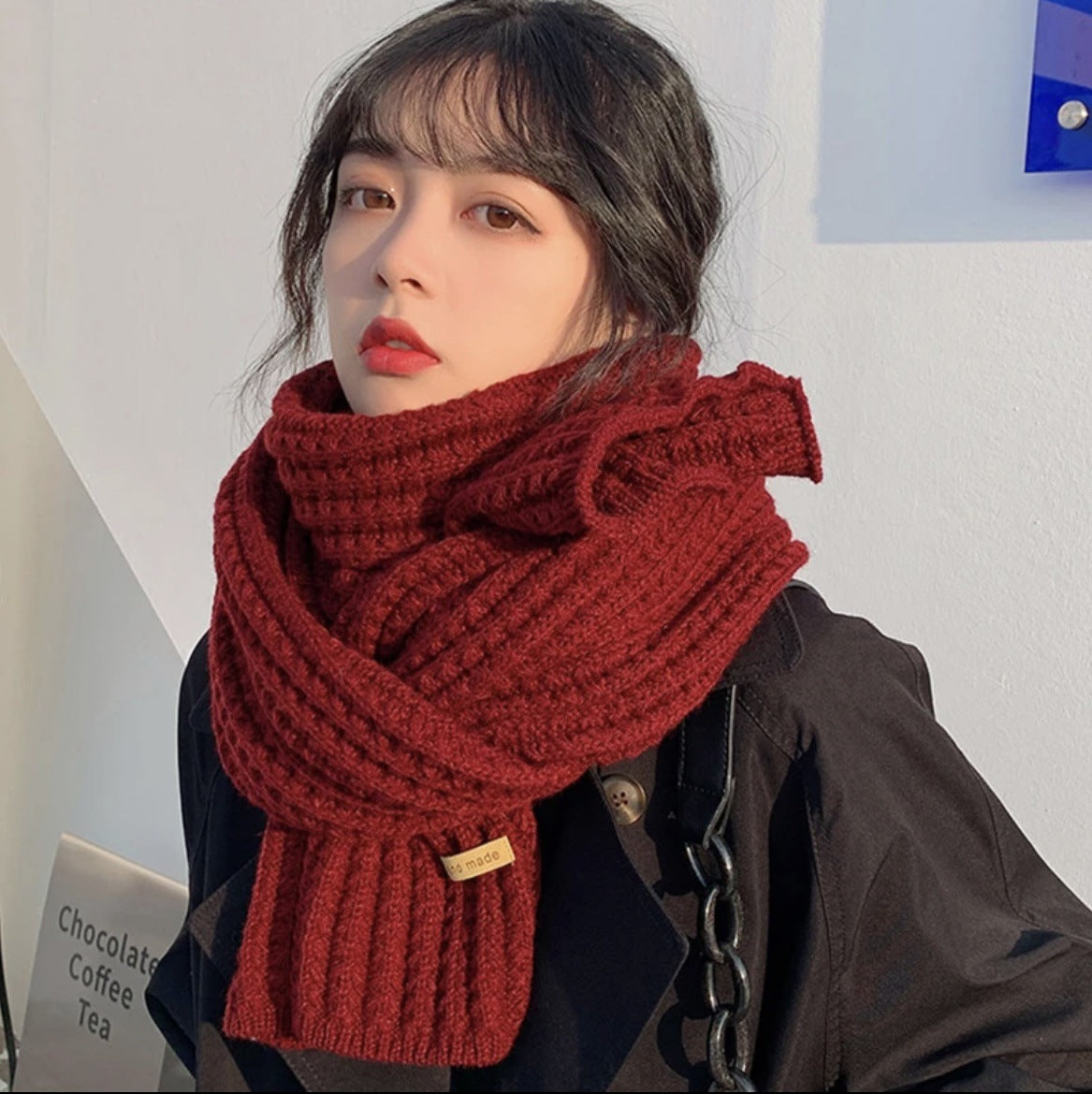 Autumn and winter neck scarf shawl, warm solid color knitted thick scarf