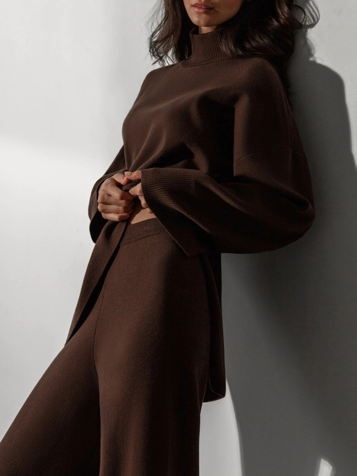 Office Elegant Pant Sets Turtleneck Irregular Sweater Outfit Autumn Winter 2 Piece High Waist Wide Leg Pant Suit Women