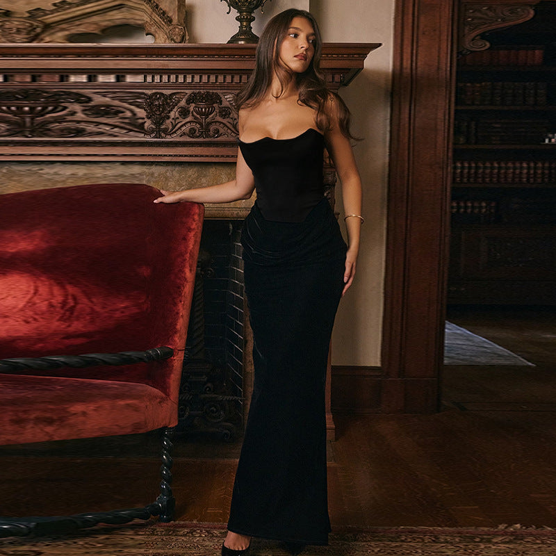 Velvet patchwork waistband strapless dress for women