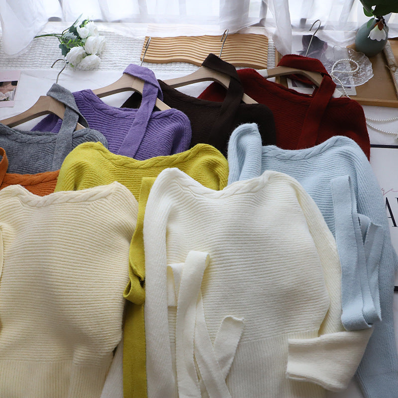 Autumn/Winter New Off-Shoulder Ribbon Youthful Waist-Cinching Slim-Fit Versatile Crewneck Sweater for Women