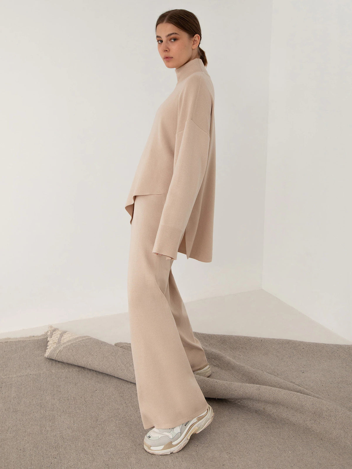 Office Elegant Pant Sets Turtleneck Irregular Sweater Outfit Autumn Winter 2 Piece High Waist Wide Leg Pant Suit Women
