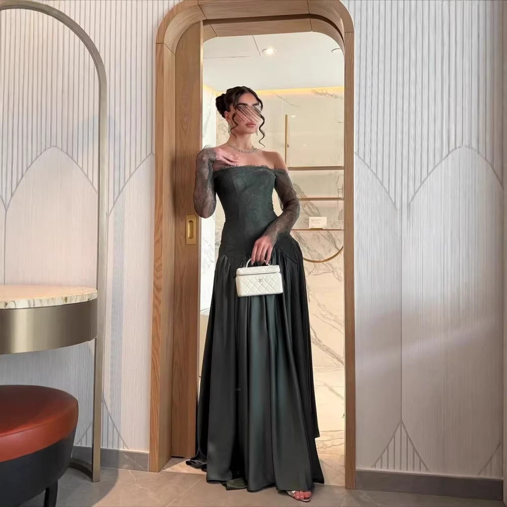 Strapless Evening Dress for Women Long Sleeve Lace Spliced Satin, Fitted Waist, Green Clothing