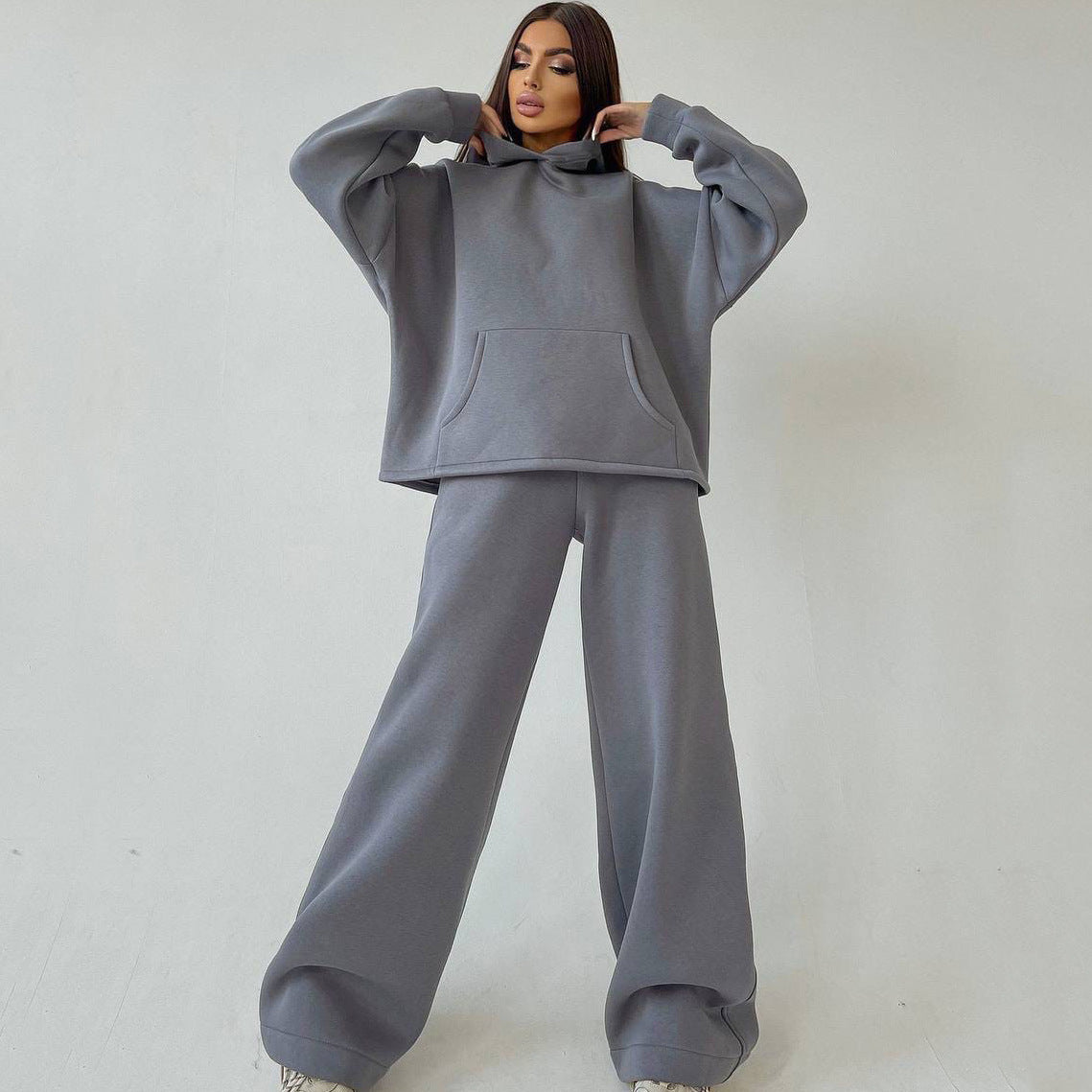 Hooded Pocket Sweatshirt Two-Piece Set for Women