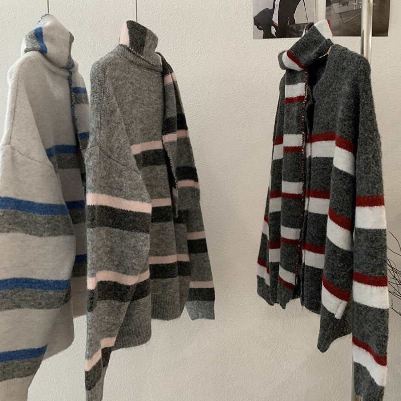 Stripe Scarf Two-Piece Knit Cardigan for Women Winter Loose Soft Versatile Sweater Coat