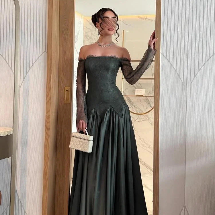 Strapless Evening Dress for Women Long Sleeve Lace Spliced Satin, Fitted Waist, Green Clothing