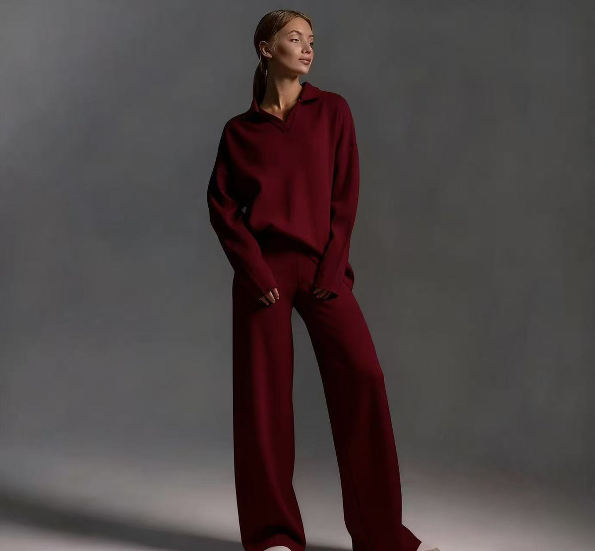 Winter Solid Color Turtleneck Wide Leg Pants Two-Piece Set for Women