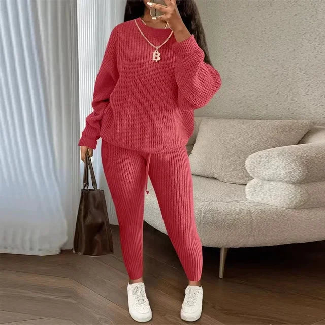 Winter Two-Piece Sets Women's Clothing Autumn Fashion Casual Solid Round Neck Pullover Loose Ribbed Knitted Sweater and Pants Suit