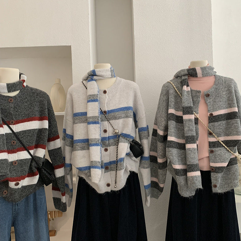 Stripe Scarf Two-Piece Knit Cardigan for Women Winter Loose Soft Versatile Sweater Coat