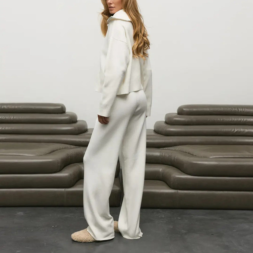 Collar Zipper Knitted Coat Pants Sweater Set