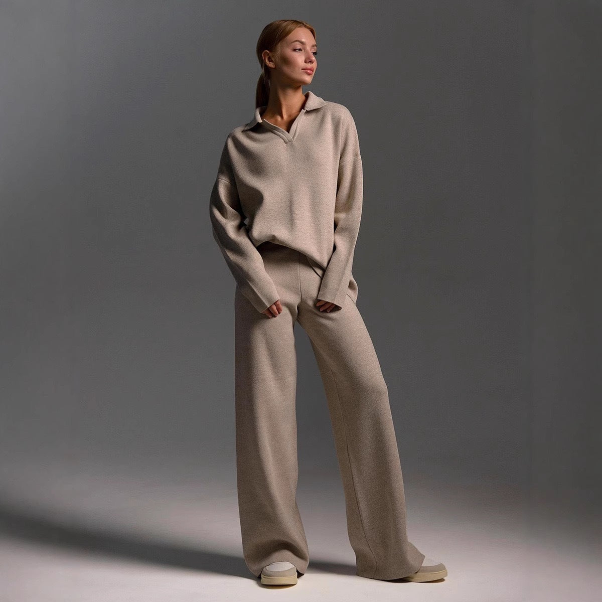 Winter Solid Color Turtleneck Wide Leg Pants Two-Piece Set for Women