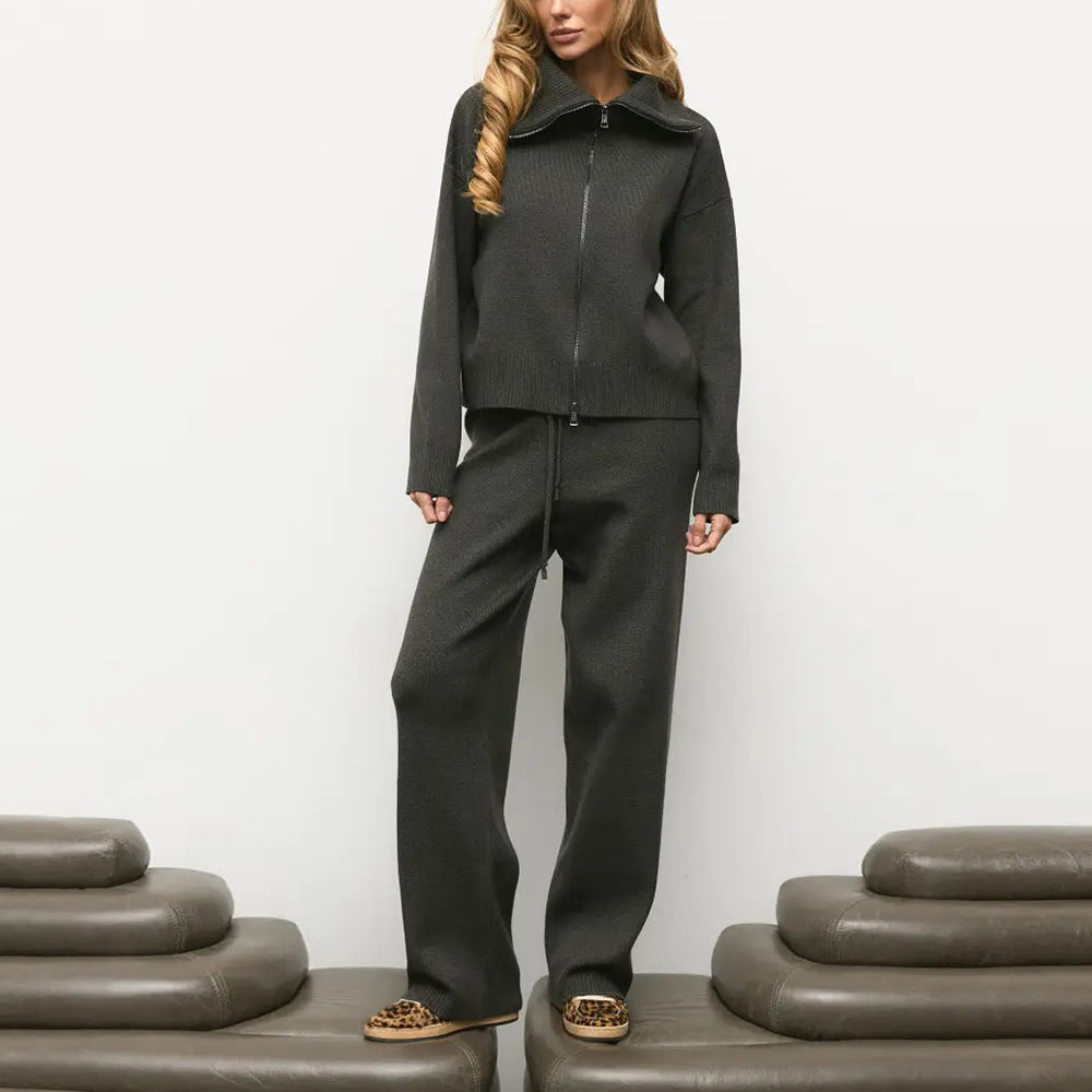 Collar Zipper Knitted Coat Pants Sweater Set