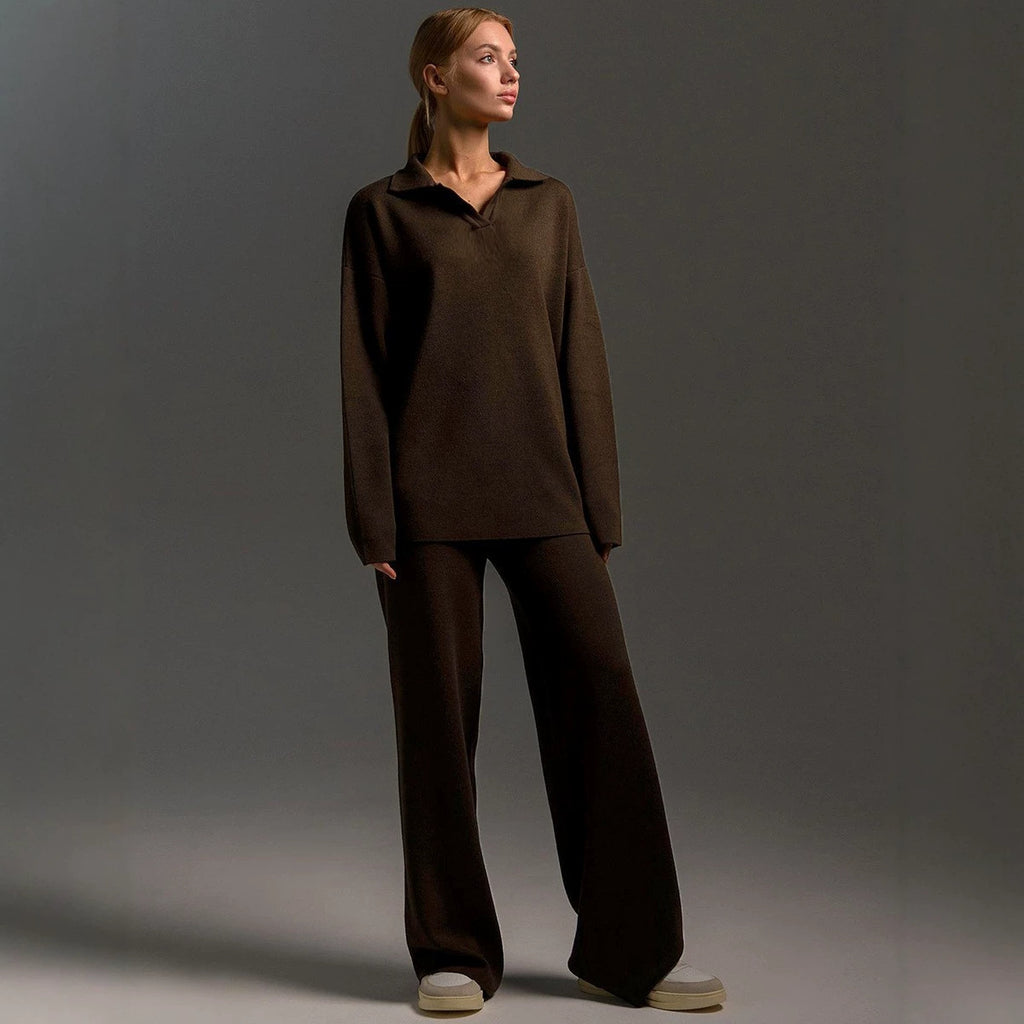 Winter Solid Color Polo Neck Wide Leg Pants Two-Piece Set for Women
