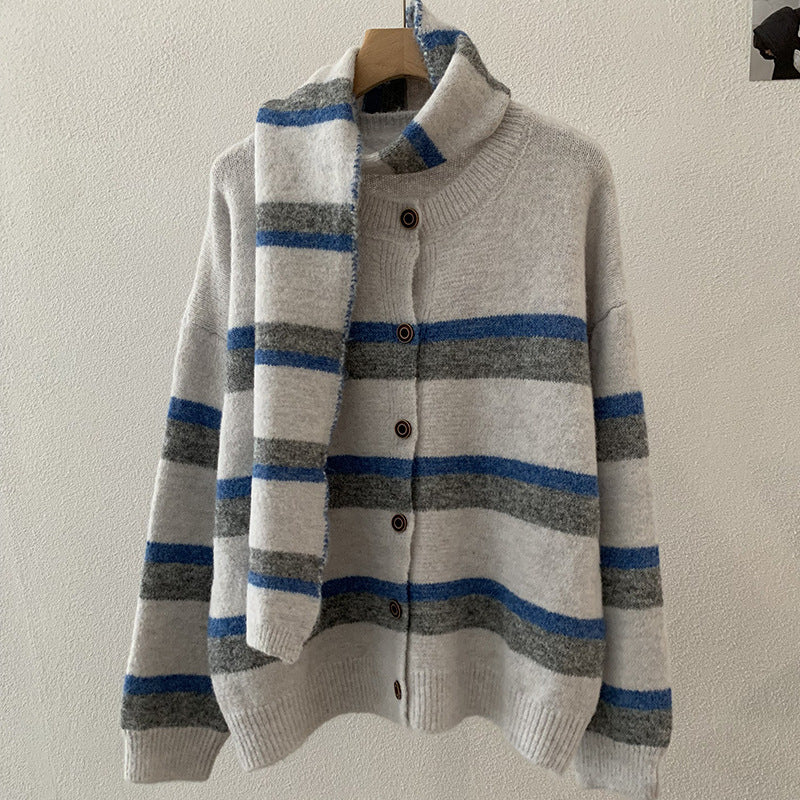 Stripe Scarf Two-Piece Knit Cardigan for Women Winter Loose Soft Versatile Sweater Coat