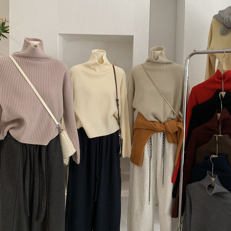 Simple High-neck Sweater for Women Winter Casual Loose Thick Ribbed Long Sleeve Knitwear