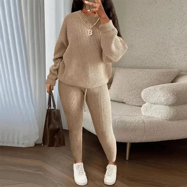 Winter Two-Piece Sets Women's Clothing Autumn Fashion Casual Solid Round Neck Pullover Loose Ribbed Knitted Sweater and Pants Suit