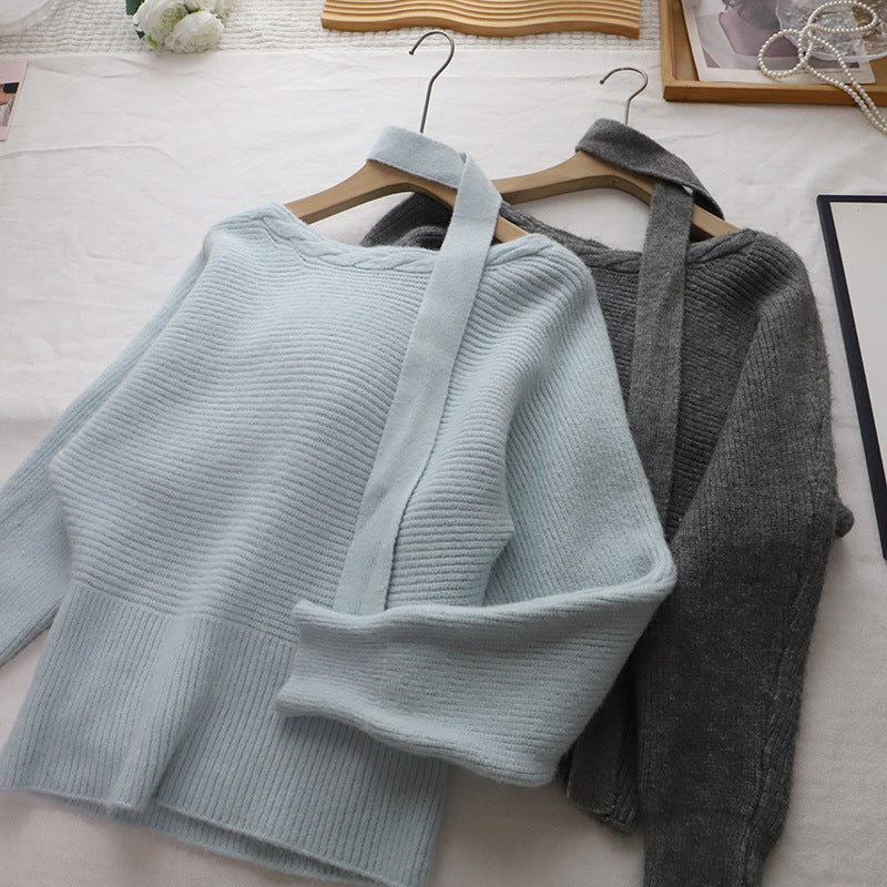 Autumn/Winter New Off-Shoulder Ribbon Youthful Waist-Cinching Slim-Fit Versatile Crewneck Sweater for Women