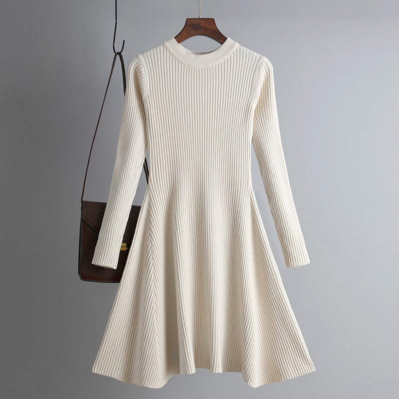 Elegant Women’s Autumn Winter A-Line Thick Knit Sweater Dress