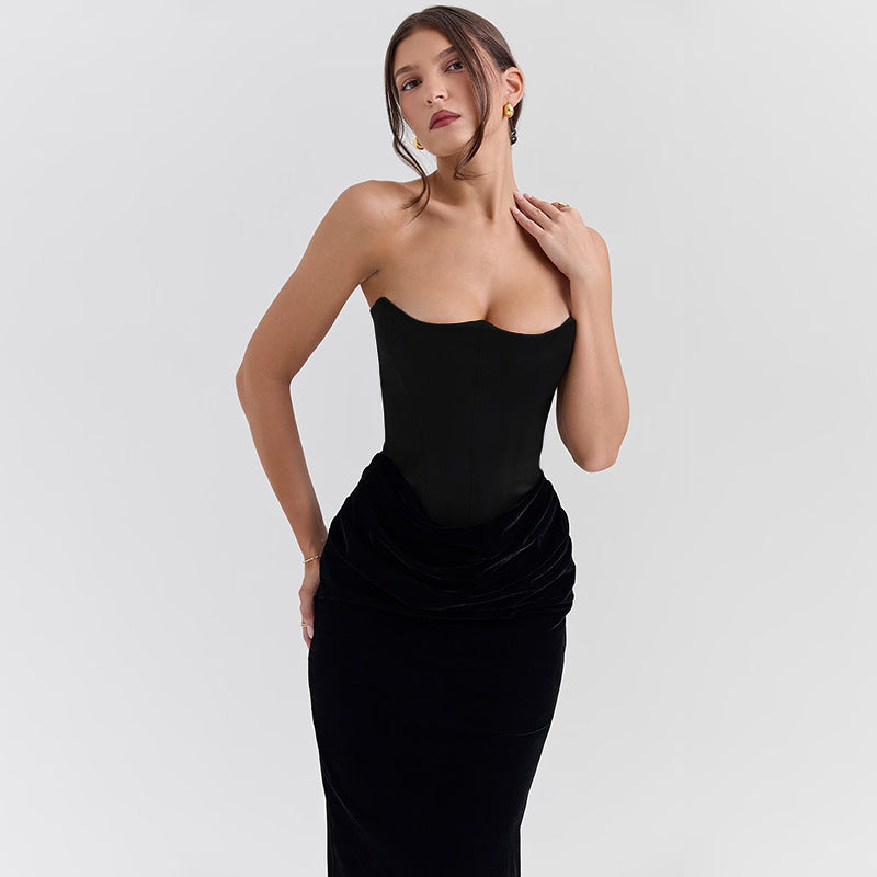 Velvet patchwork waistband strapless dress for women