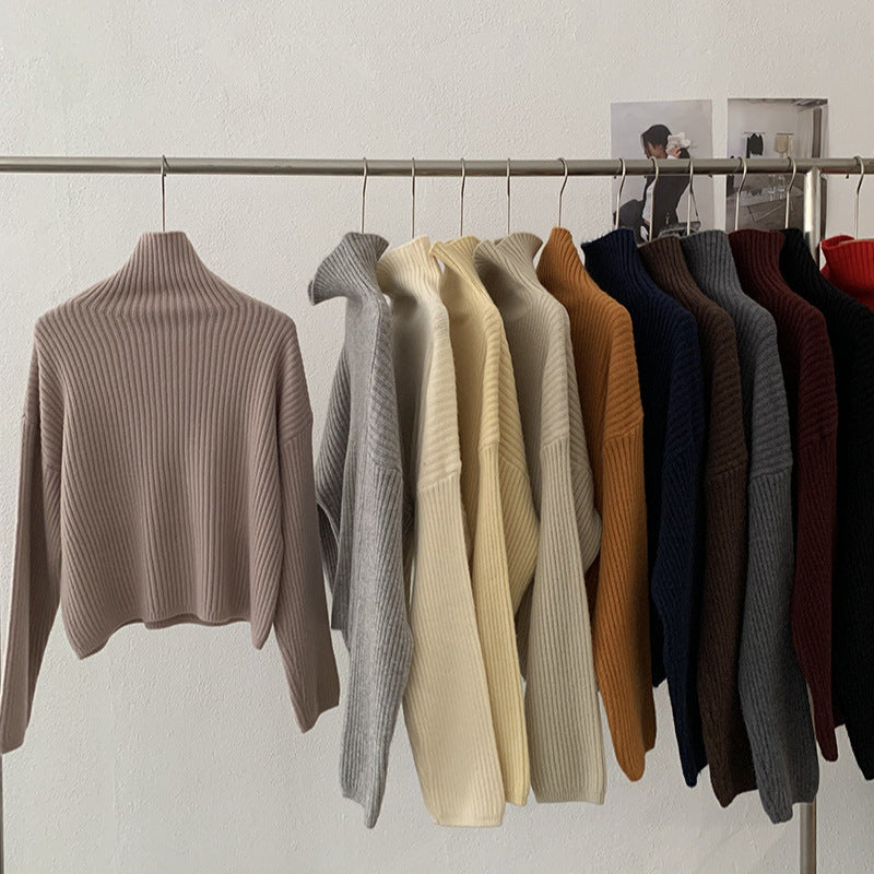 Simple High-neck Sweater for Women Winter Casual Loose Thick Ribbed Long Sleeve Knitwear