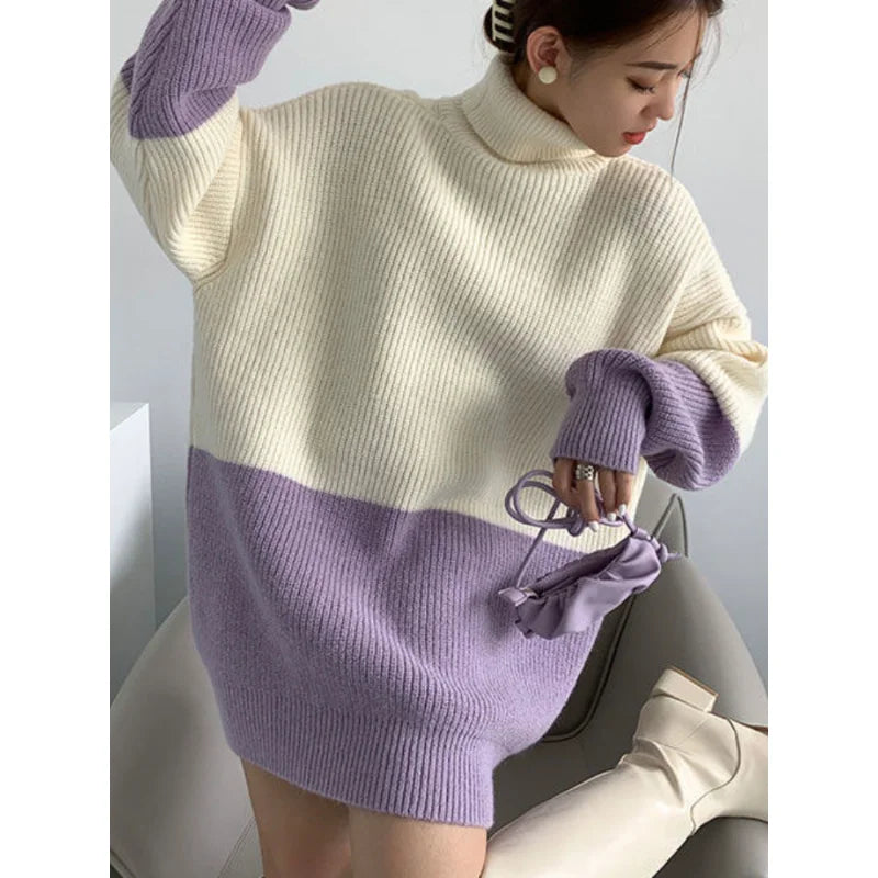 Women Turtleneck Sweater Thickened Purple Gentle Temperament Sweater Loose Long Pullover Winter Color Contrast Knitting