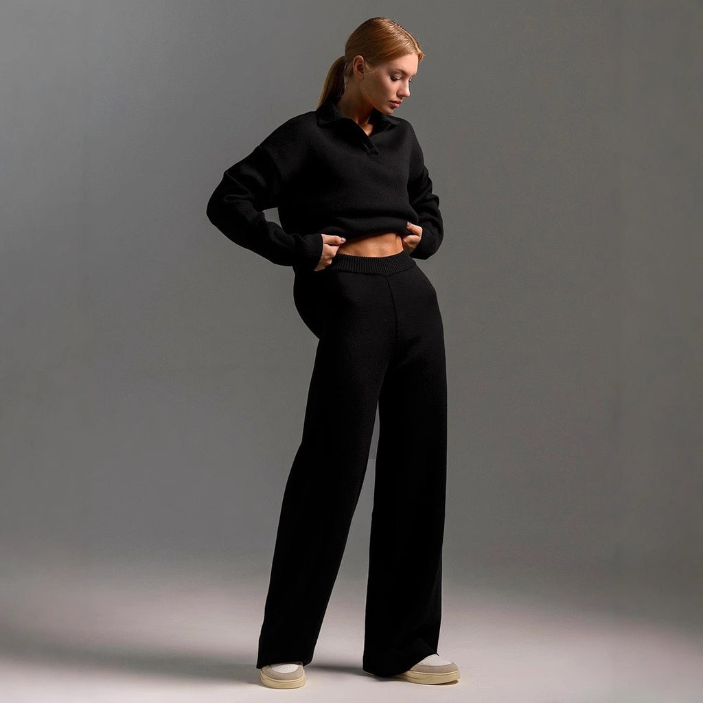 Winter Solid Color Polo Neck Wide Leg Pants Two-Piece Set for Women