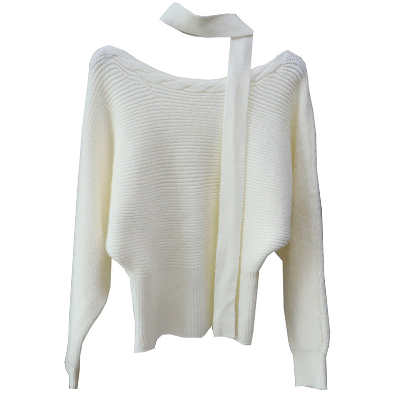 Autumn/Winter New Off-Shoulder Ribbon Youthful Waist-Cinching Slim-Fit Versatile Crewneck Sweater for Women