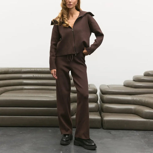 Collar Zipper Knitted Coat Pants Sweater Set