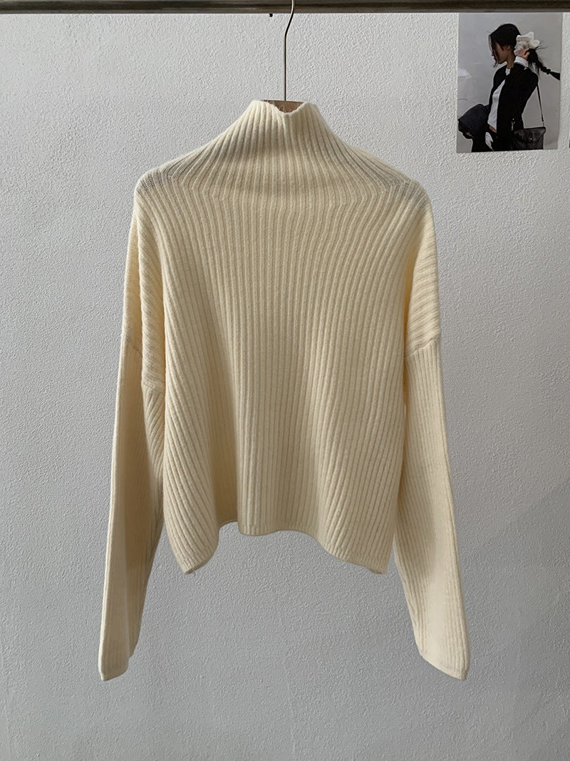 Simple High-neck Sweater for Women Winter Casual Loose Thick Ribbed Long Sleeve Knitwear