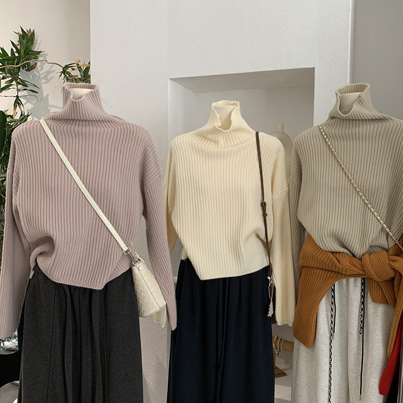 Simple High-neck Sweater for Women Winter Casual Loose Thick Ribbed Long Sleeve Knitwear