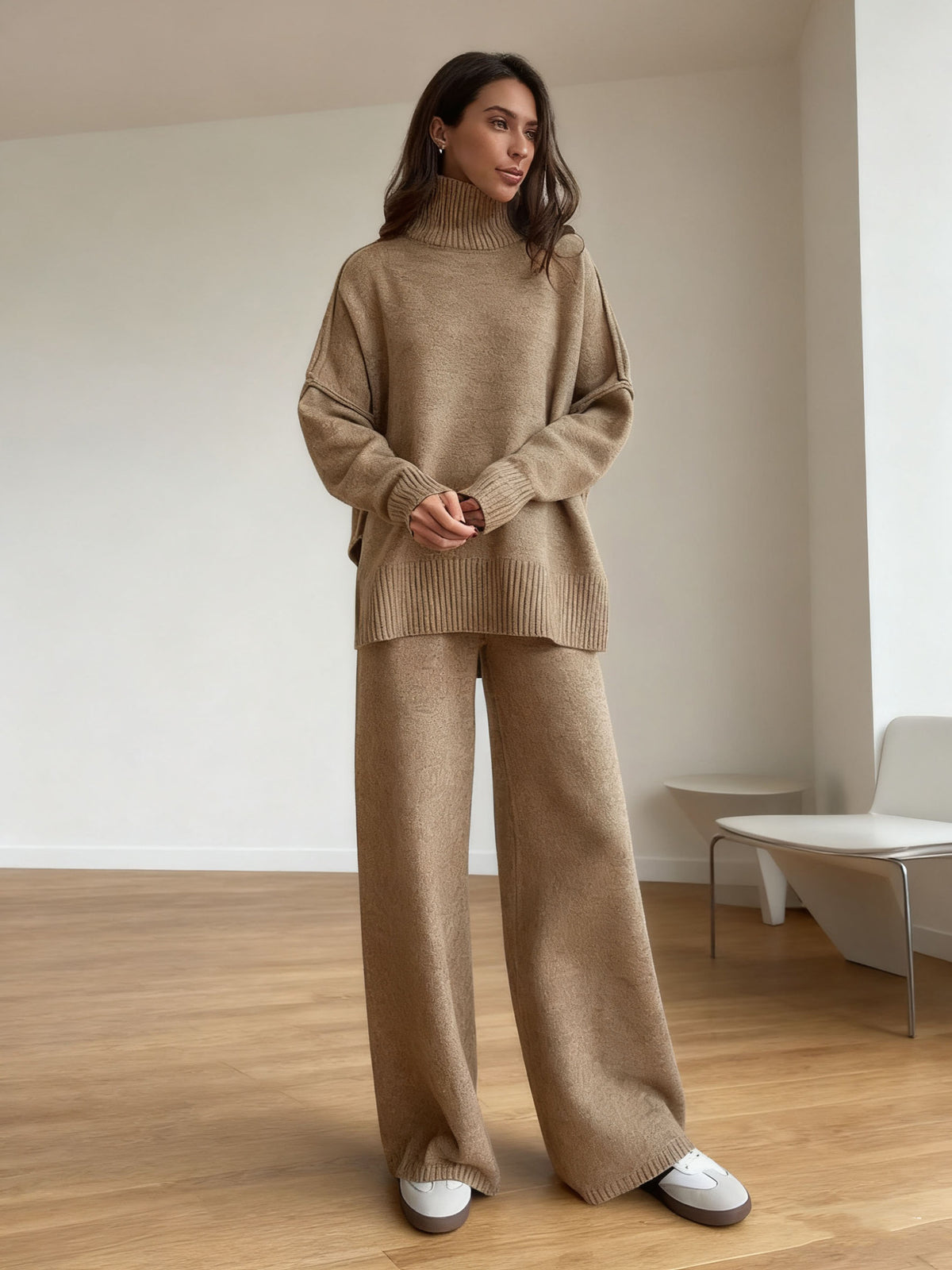 High Neck Sweater Set for Women, Loose Casual Knit Long Pants Outfit