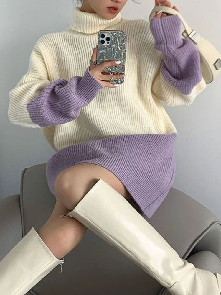 Women Turtleneck Sweater Thickened Purple Gentle Temperament Sweater Loose Long Pullover Winter Color Contrast Knitting