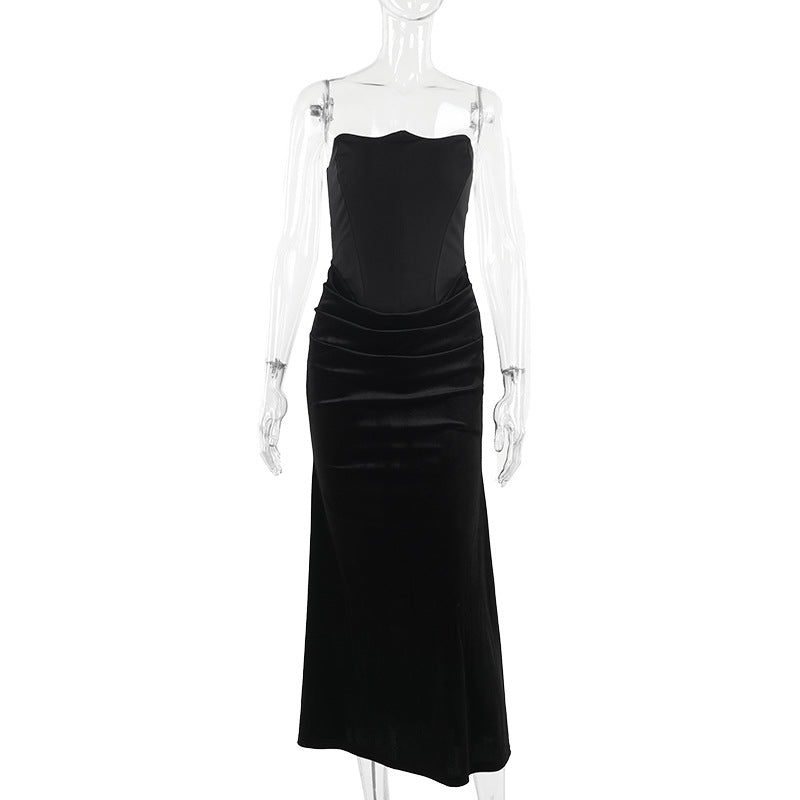 Velvet patchwork waistband strapless dress for women
