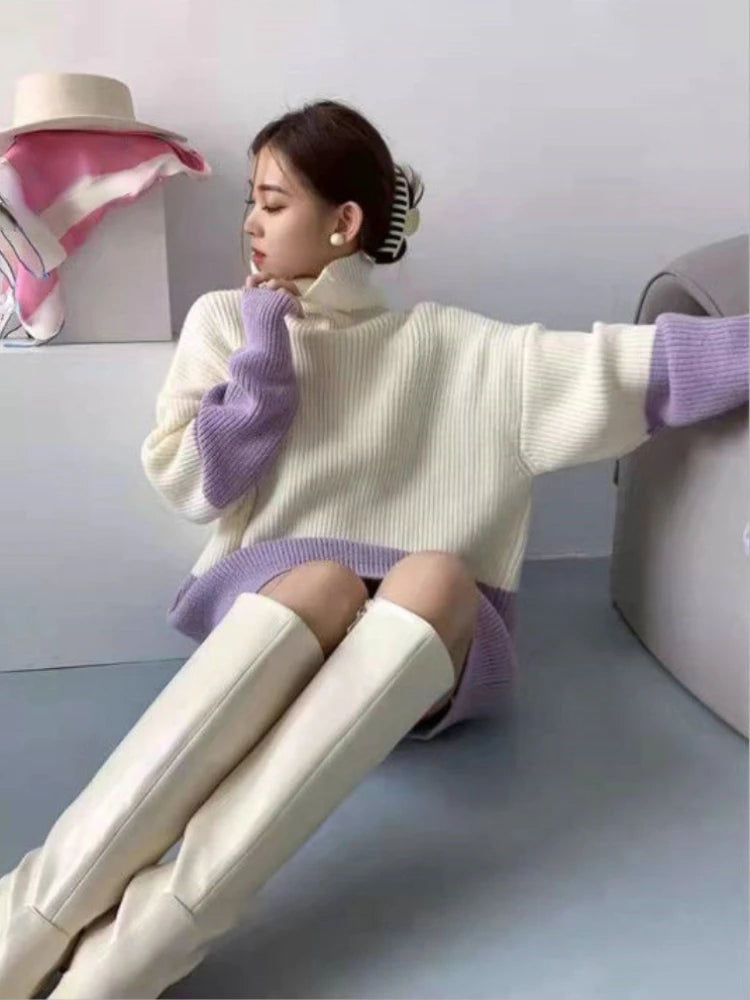 Women Turtleneck Sweater Thickened Purple Gentle Temperament Sweater Loose Long Pullover Winter Color Contrast Knitting